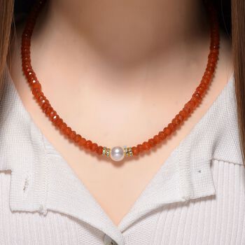 Muschelkernperle-Halskette mit Orangem Quarzit, verstellbar 40+10cm, goldfarben