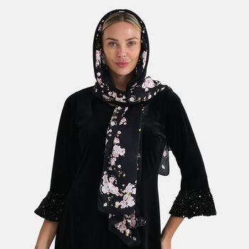 LA MAREY Signature Seidenschal aus 100% Maulbeerseide, 55 x 170 cm, Schwarz Floral