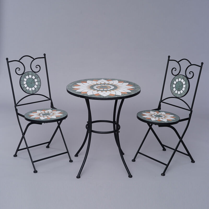 3er-Set - Mosaik-Tisch und 2 Mosaik-Stühle, Kaleidoskop-Muster, Dunkelgrün-Terracotta-Weiß  image number 0