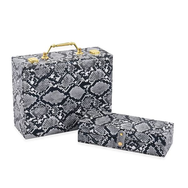 2er-Set, Schmuckkasten mit Reise-Etui aus Kunstleder mit Python-Pr&auml;gung, 24x19x9 und 22x17x3 cm, Grau