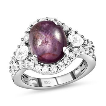 Sternrubin und wei&szlig;er Zirkon-Ring, 925 Silber platiniert  ca. 8,48 ct