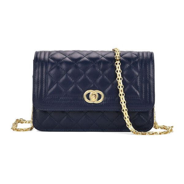 100% Echtleder Crossbody Tasche mit Metallkettenriemen in Stepp-Optik, 23,5x15x8cm, Dunkelblau image number 0