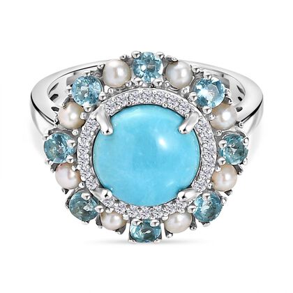 D'Joy AA Sleeping Beauty T&uuml;rkis, S&uuml;&szlig;wasser Perle (2.5mm) Ring 925 Silber rhodiniert (Gr&ouml;&szlig;e 18.00) 4.22 ct