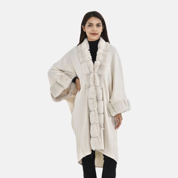 LA MAREY - Stilvoller langer Mantel mit Kunstpelzrand, 108x100cm, creme image number 1