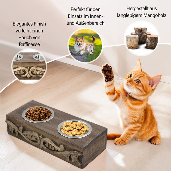 NAKKASHI handgeschnitzter Futternapf aus Mangoholz mit Edelstahl-Schüsseln, dunkelbraun image number 2