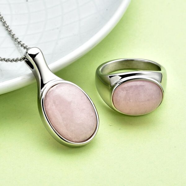 2er-Set, Rosenquarz Solit&auml;r Ring und Anh&auml;nger mit Kette in Silber, 27,00 ct. image number 2