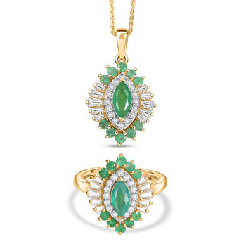 D&rsquo;Joy AAA Kagem sambischer Smaragd und Moissanit Anh&auml;nger mit 50cm Kette und Ring