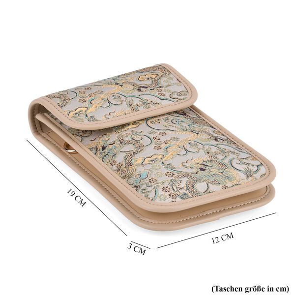 LA MAREY Brokat Handy Umh&auml;ngetasche aus Seide und Echtleder, 12x19x3cm, Beige image number 6