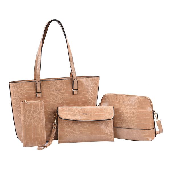 Passage - 4er-Set Handtaschen mit Krokodilpr&auml;gung; enth&auml;lt Schultertasche, Cross Body Bag, Clutch Bag und Portemonnaie, Beige