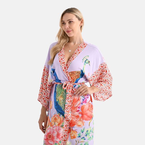 Kimono mit G&uuml;rtel, floralem Pfauenmuster, 128&times;78 cm, Fliederfarben image number 5