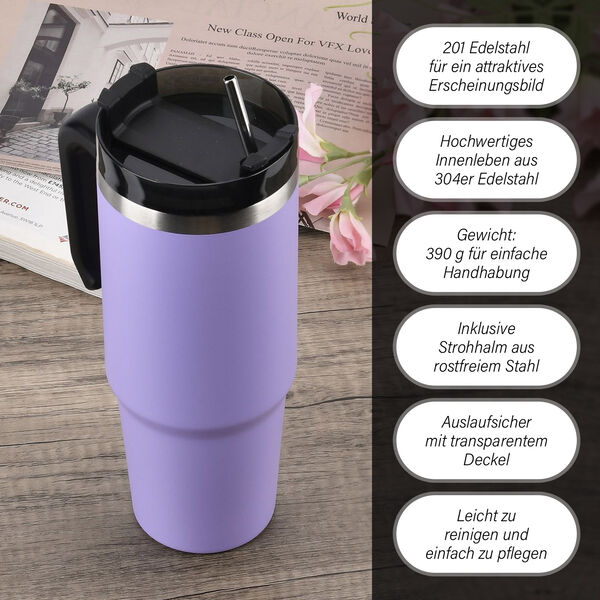 887 ml Edelstahlbecher mit Strohhalm in Violett image number 3