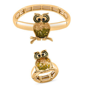 2er Set - Weißer Kristall, Schwarz Kristall, Grüner Kristall Flexibles Armreif and Flexibler Ring, goldfarben