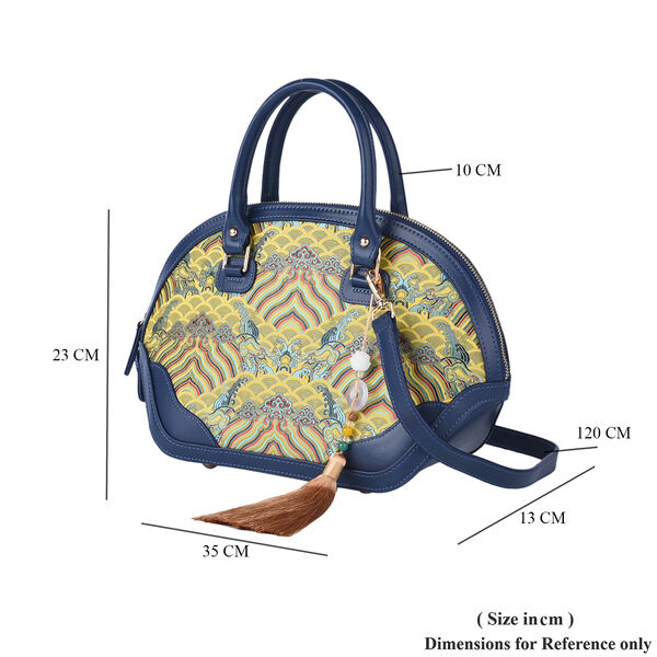 Seidenbrokat Tasche aus 100% Leder mit natürlicher Jade Quaste, Größe 35x23x13 cm, Dunkelblau und Gelb image number 7