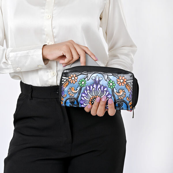 Handbemalte Leder Geldb&ouml;rse RFID, Schwarz, 22.8 x 2.5 x 12.7 cm image number 1