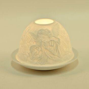 Weihnachts-Windlicht, unglasiertes, wei&szlig;es Porzellan mit LED, 10 cm, schlafende Engel