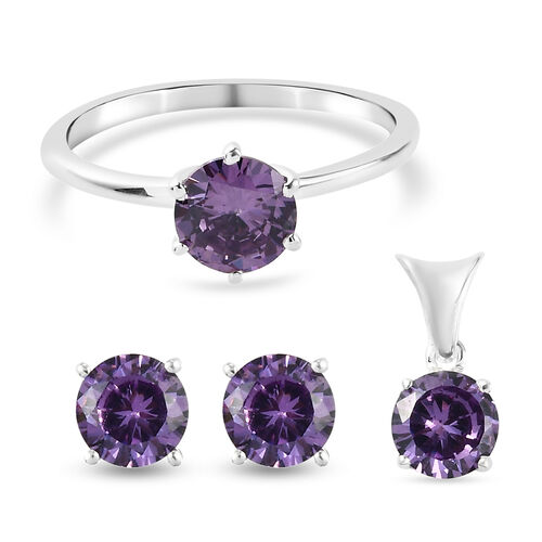 3er-Set Amethyst Zirkonia Solitär Ring, Ohrstecker und Anhänger 925 Silber ca. 2,50 ct image number 0