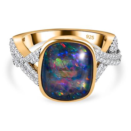 Boulder Opal Triplette, Wei&szlig;er Zirkon Ring, 925 Silber Gelbgold Vermeil, (Gr&ouml;&szlig;e 16.00) ca. 3.96 ct
