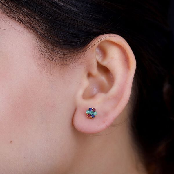 Thail&auml;ndischer Rubin , Kanchanaburi Blaue Saphir und Kagem Sambischer Smaragd Ohrringe, 925 Silber 750 Gelbgold Vermeil ca. 0.94 ct image number 3