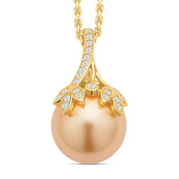 Goldene Muschelkernperle, wei&szlig;er Zirkonia, Anh&auml;nger mit Kette, Messing, Edelstahl, ca., goldfarben 0.25 ct