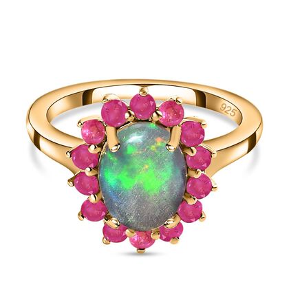Nat&uuml;rlicher, &auml;thiopischer Welo Opal, Afrikanischer Rubin (Fissure gef&uuml;llt) Ring, 925 Silber vergoldet (Gr&ouml;&szlig;e 16.00) ca. 1.90 ct