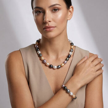 Mehrfarbige Oval Muschelkernperle 50cm Halskette und flexibles Armband