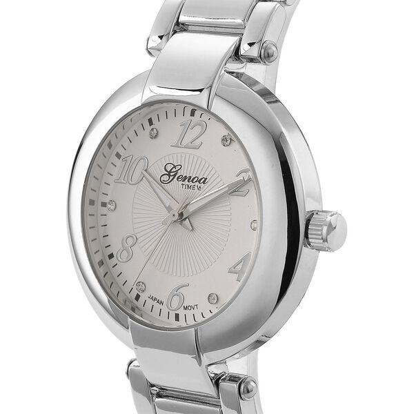 GENOA TIME V2 Uhr mit Japanischem Miyota 2035 Werk, Zifferblatt Silber mit Hydraulik-Design und Weißen Kristallen, Edelstahlarmband Silberfarben, 3 ATM wasserdicht image number 3