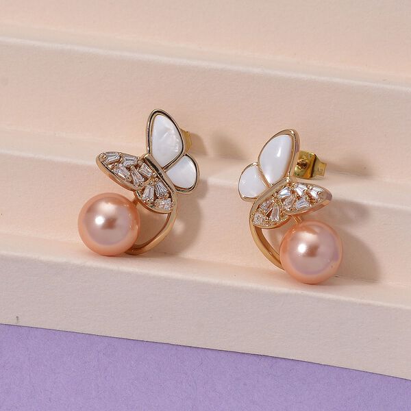 Pfirsich Muschelperle (7-9 mm), Weißes Perlmutt Ohrringe, Nickelfreies Messing, golfarben image number 2