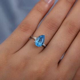 Schweizer Blautopas und Zirkon Solitär Ring 925 Silber Platin-Überzug