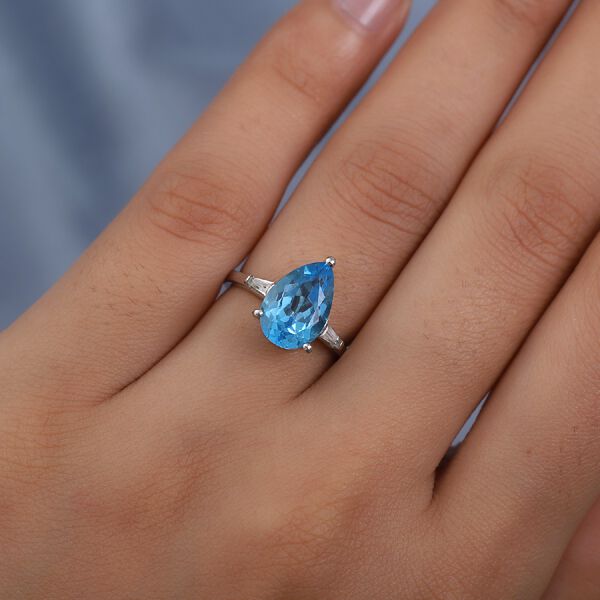 Schweizer Blautopas und Zirkon Solit&auml;r Ring 925 Silber Platin-&Uuml;berzug