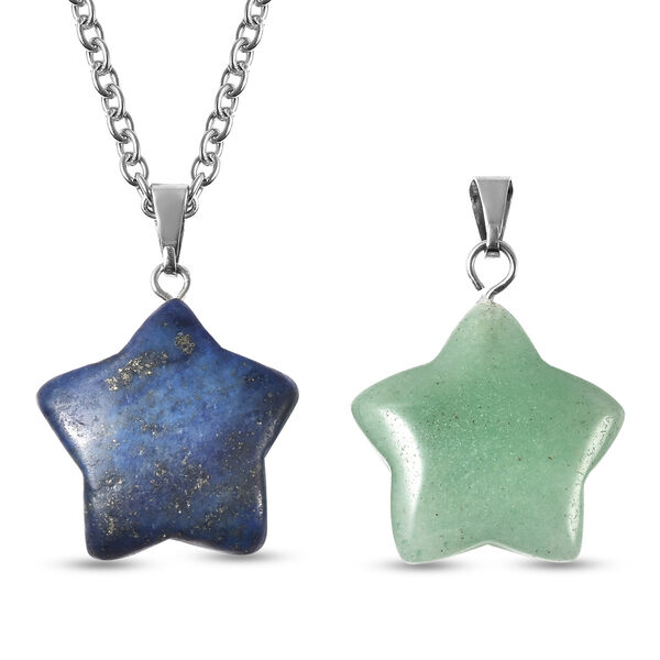 Gr&uuml;ner Aventurin und Lapislazuli-Anh&auml;nger mit Kette, 50 cm, Edelstahl ca. 33,50 ct