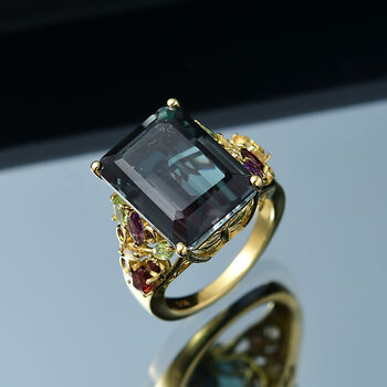 Farbwechsel-Alexandrit-Quarz-Triplette, Roter Granat Ring 925 Silber 750 Gelbgold Vermeil (Gr&ouml;&szlig;e 17.00) ca. 13.65 ct