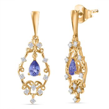Tansanit, Wei&szlig;er Zirkon Ohrringe 925 Silber 750 Gelbgold Vermeil ca. 1.28 ct