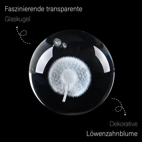 3D Kristallkugel mit LED-Licht und Holzsockel, Pusteblume image number 1