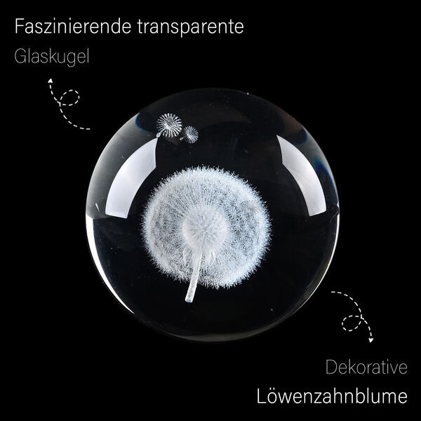 3D Kristallkugel mit LED-Licht und Holzsockel, Pusteblume image number 1