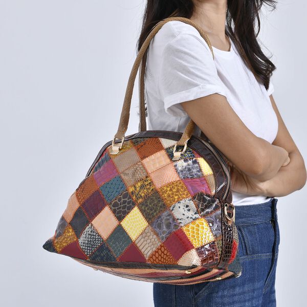 Chaos By Elsie - Farbenfrohe Echtleder Crossbody Tasche, Patchwork-Rhombenmuster image number 3