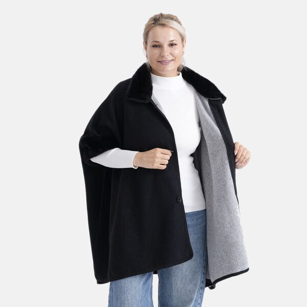 LA MAREY - Signature Kunstfell-Poncho mit Pl&uuml;schkragen und Umschlag&auml;rmeln, Einheitsgr&ouml;&szlig;e, Tiefschwarz image number 4