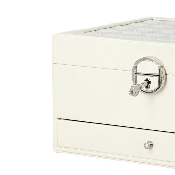 3-lagiges PU-Leder-Schmuckkästchen, herausnehmbare Elemente und Schloss, kariertes Steppmuster, weiß image number 4