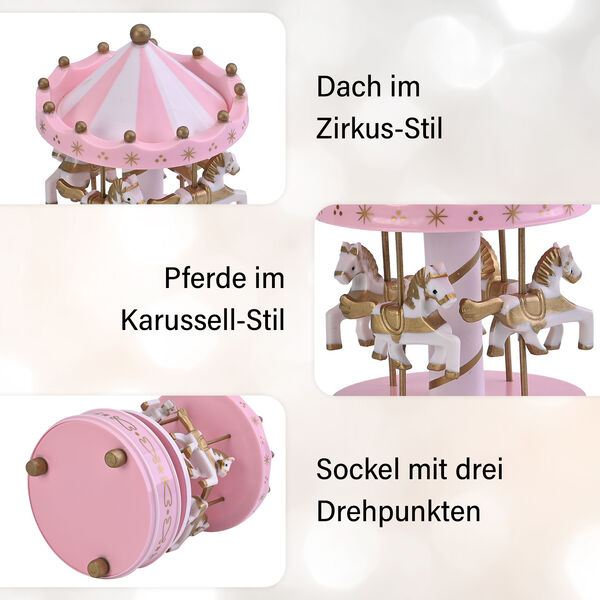 4-Pferde Holz Karussell Spieluhr, Gr&ouml;&szlig;e 18x10 cm, Rosa image number 3