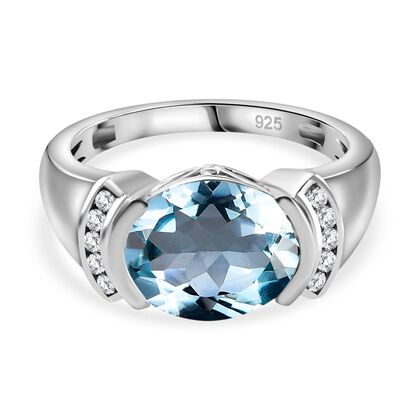 Himmelblauer Topas, Wei&szlig;er Zirkon Ring 925 Silber rhodiniert (Gr&ouml;&szlig;e 16.00) ca. 5,55 ct