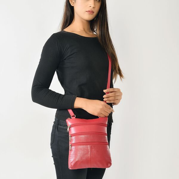 2er-Set -100% Echtleder 44x20,32x22,86cm Reisetasche und 20,32x3,82x24,13cm Crossbody Tasche, Krokoprägung, Rot image number 2