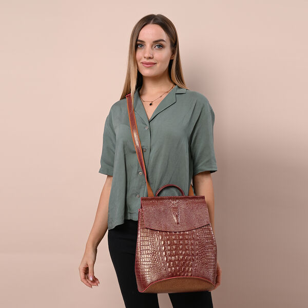 Rucksack aus 100% echtem Leder mit Kroko-Pr&auml;gung, Braun image number 2