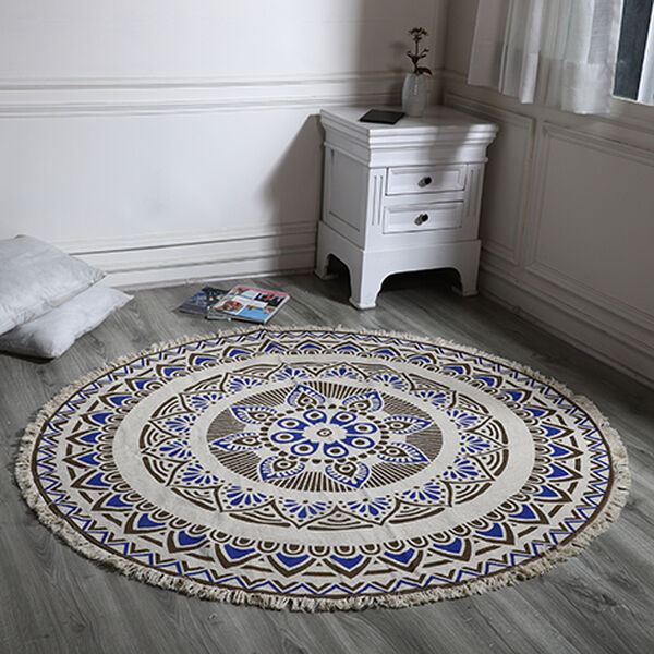 Handgewebter Teppich aus 100% Baumwolle, 150 cm Durchmesser, Mandala Schwarz