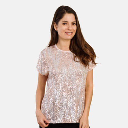 TAMSY - Pailletten Top, Gr&ouml;&szlig;e 44, Blush Rosa