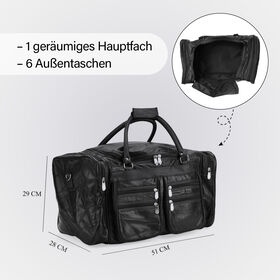 Patchwork-Reisetasche aus Schafleder mit 6 Außentaschen und Schulterriemen, 51x29x28 cm, Schwarz