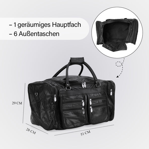 Patchwork-Reisetasche aus Schafleder mit 6 Außentaschen und Schulterriemen, 51x29x28 cm, Schwarz image number 4