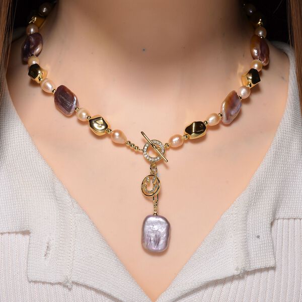 Mehrfarbige Keshi Perle, Pfirsich-S&uuml;&szlig;wasser Perle Halskette, ca. 50 cm, Nickelfreies Messing Ros&eacute;gold Vermeil image number 2