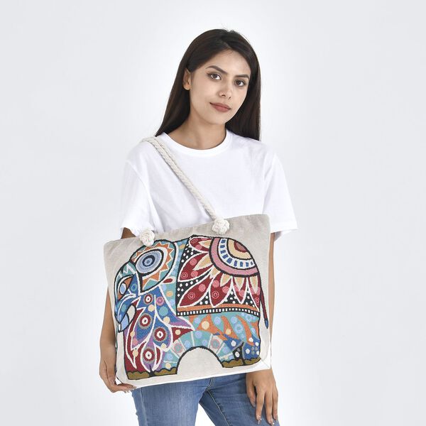 Jacquard gewebte Jute-Tasche mit Mond Design, 42x34 cm, Elefant image number 2