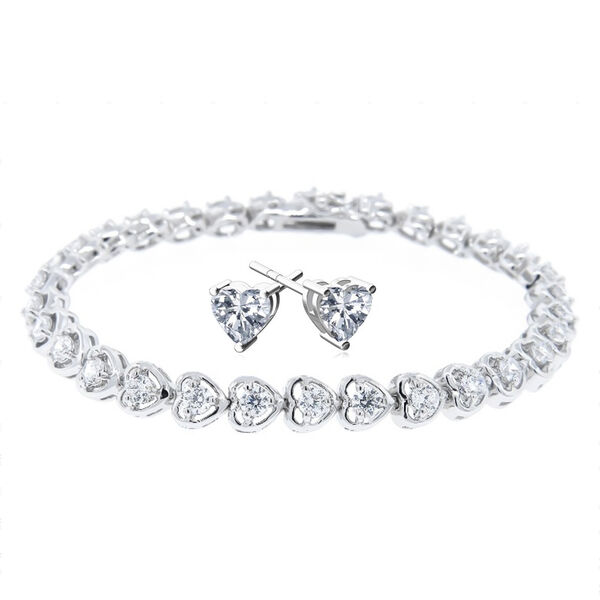 2er Set Armband und Ohrstecker mit herzf&ouml;rmigem Zirkonia, Messing