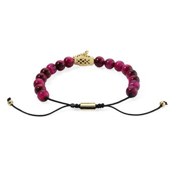 Fuchsia gef&auml;rbtes Tigerauge, Schwarzer Zirkonia Armband, flexibel, Messing
