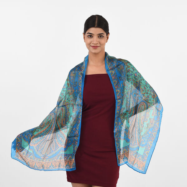 Bedruckter 100% Satin-Seidenschal, 48x160cm, Blau image number 2